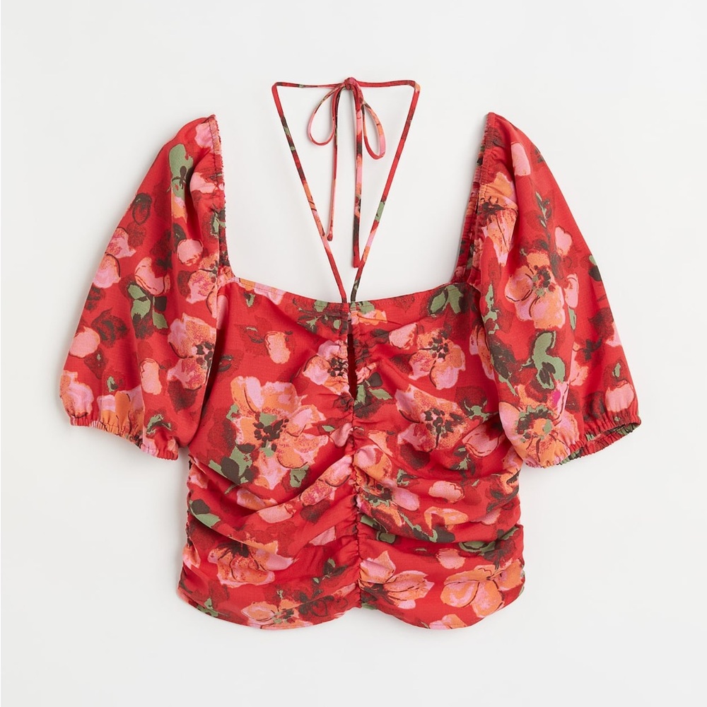 H&M Red Floral Blouse with Puff Sleeves NWOT